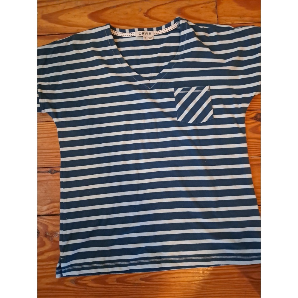 ORVIS WOMANS M blue Stripe cotton rayon spandex V-neck short sleeve J10